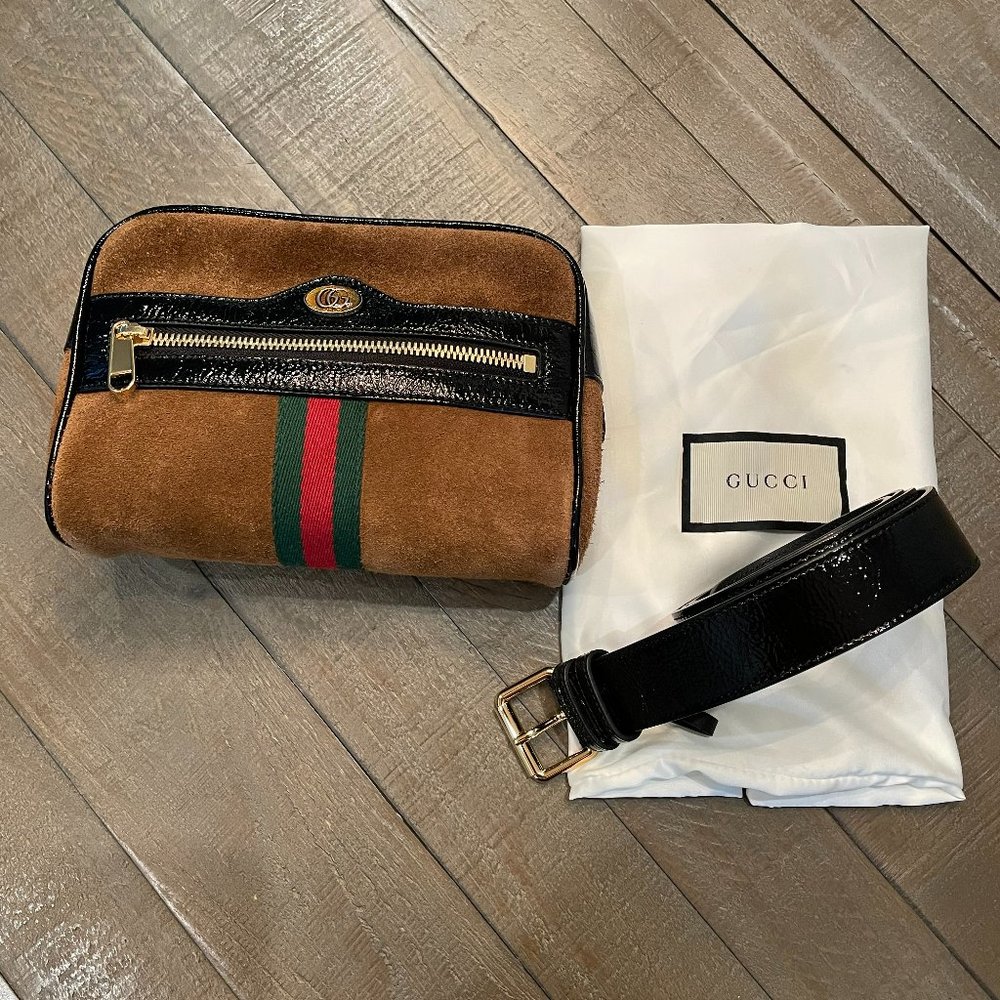 GUCCI Brn Suede & Blk Patent Waist bag GUARANTEED AUTHENTIC
